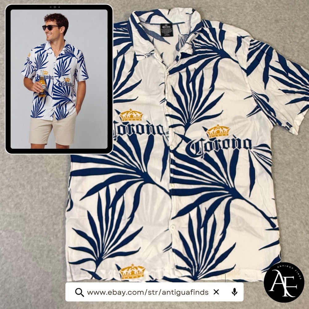 Corona Extra Mens XL Rayon Hawaiian Shirt Blue White Tropical Palm Beer Logo
